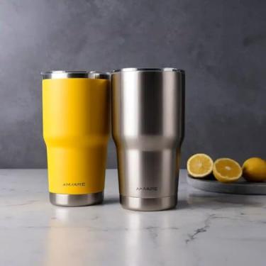 Imagem de Copo Térmico Parede Dupla em Aço Inox Amarela 500ml com Tampa Hermética - Estilo Minimalista