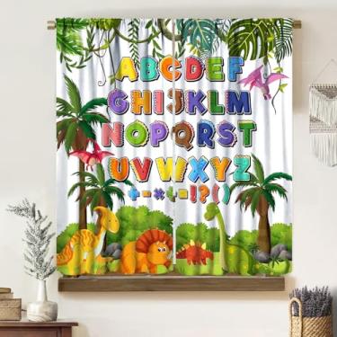 Imagem de Yoakiet Cortinas de alfabeto de dinossauro, desenho animado fofo dinossauro tropical selva palmeira infantil impressão educacional bolso haste tratamentos cortinas para quarto de bebê criança 106,7 cm
