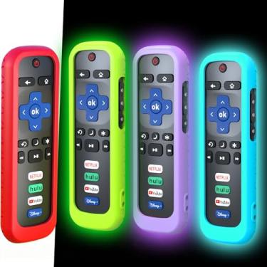 Imagem de Pacote com 4 capas para controle remoto Roku, capa de bateria para controle remoto TCL Roku Smart TV, controle remoto Roku TV, capa protetora de silicone, capa universal que brilha no escuro, azul, roxo, vermelho