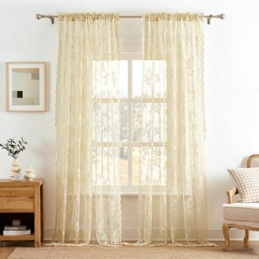Imagem de Cortinas de renda bege de 300 cm de comprimento, 2 painéis, vintage, floral, transparente para sala de estar, bolso de varão, filtro de luz, tecido de renda, cortina francesa, decoração de janela para