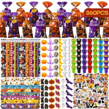 Imagem de Hiawbon Pacote com 40 artigos de papelaria sortidos, 360 peças, artigos de papelaria com tema de Halloween a granel, enchimentos de sacolas de brindes, incluindo lápis, borrachas, adesivos e pulseiras
