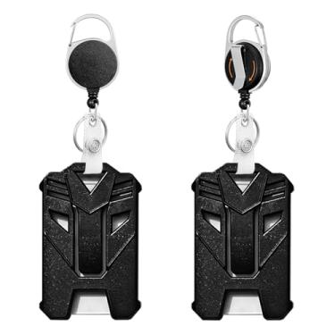 Imagem de Horee Porta-crachás de identificação com clipe de rotação, porta-cartões de plástico rígido tático comporta 3 a 5 cartões, 10 x 6,7 cm, chaveiro retrátil com cabo de fibra de 61 cm, carretéis pretos