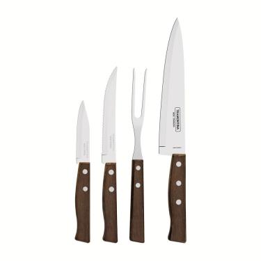 Imagem de Jogo De Facas Tradicional Com Lâminas Em Aço Inox E Cabos Em Madeira Natural 4 Peças