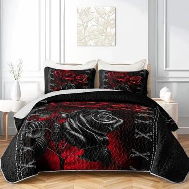 Imagem de AILONEN Conjunto de colcha de rosa vermelha tamanho Queen com 2 fronhas, colcha acolchoada de flores vermelhas e pretas, macio, leve, romântico, conjunto de cama com 3 peças