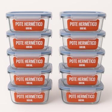 Imagem de Kit 10 Potes de Vidro Herméticos, 600ml, Retangular 17x12x6cm, Tampa com Travas, Cores Sortidas