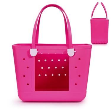 Imagem de UeKeKicg Bolsa de praia de borracha – Bolsa de viagem grande à prova d'água para mulheres, bolsa lavável para esportes, praia, mercado, piscina, Vermelho rosa, Sacos de piscina impermeáveis