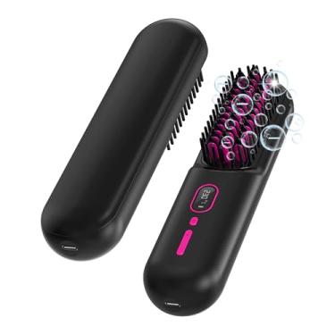Imagem de Rychi Mini Escova Alisadora De Cabelo Portátil Sem Fio Para Viagem, Pente Quente De Íon Negativo Com Visor Lcd, 12 Configurações De Temperatura, Carregamento Usb, 2 Grampos De Cabelo, Preto