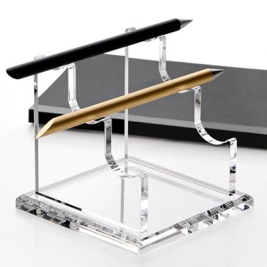 Imagem de YUXUN Suporte de acrílico para mesa – suporte horizontal de três canetas com base de 8 mm de espessura | descanso para caneta-tinteiro, suporte para Apple Pencil e organizador de mesa transparente