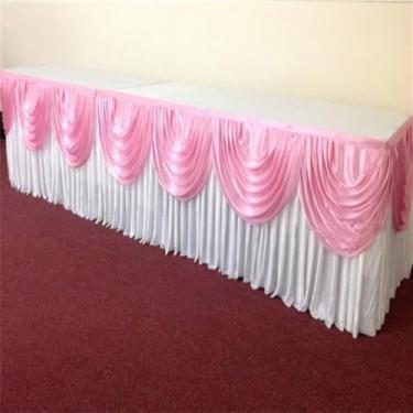 Imagem de Saia de mesa de seda prateada de 3 metros, inclui cortina, toalha de mesa para banquete, saia para festa de casamento, decoração para eventos, branca e rosa, 3 metros, 3 m de comprimento