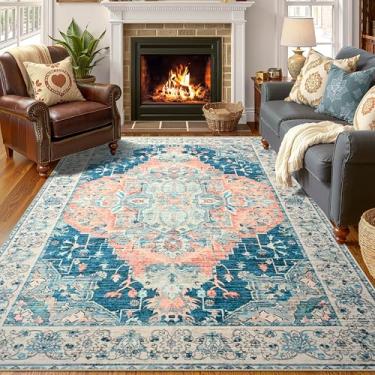 Imagem de YJ.GWL Tapetes de área para sala de estar, 12 x 18 cm, laváveis à máquina, antiderrapante, abstrato, vintage, boho, tapete interno, tapete grande para sala de jantar, sala de jogos, cozinha, azul