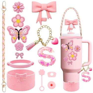 Imagem de XIANGYUAN Conjunto de acessórios de copo rosa de 14 peças para copo Stanley Cup de 850 g 1,134 g com alça, inclui alça, decoração de arco de palha, capa de palha, bota, tampas à prova de derramamento