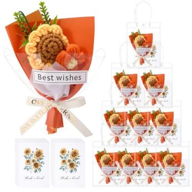 Imagem de Solsew 10 conjuntos de buquê de girassóis de crochê para mãe, avó, senhora, mulheres, feito à mão, tricotado com flores artificiais com girassol, um monte de cartões de amor em sacolas de presente
