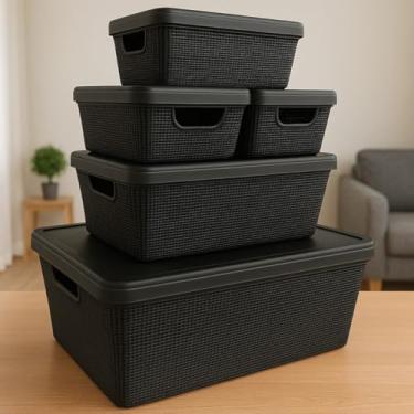 Imagem de Caixa Organizadora com Tampa Kit 5 Peças Cestos Plásticos 1,8 L, 5 L, 15 L Resistente Multiuso (Preto)