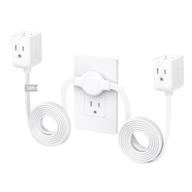 Imagem de TROND Cabo de extensão dividido, duplo de 3 m de cada lado, plugue plano de perfil baixo, cubos extensores duplos de 3 tomadas, aterramento de 3 pinos, calibre 16, ideal para suporte de TV de sofá