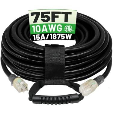 Imagem de POWGRN Cabo de extensão externo preto 10/3 de 2,5 m, impermeável, resistente, calibre 10, 3 pinos, cabo de alimentação longo flexível resistente ao frio externo com extremidade indicadora iluminada