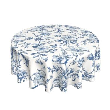 Imagem de JEFERSO Toalha de mesa redonda floral azul 178 cm toalha de mesa floral azul decoração chinoiserie toalha de mesa vintage flor tecido poliéster fazenda capa de mesa redonda para festa, jantar