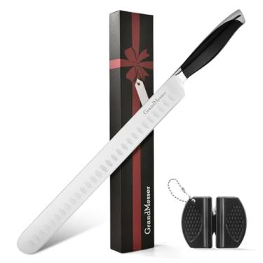 Imagem de GrandMesser Faca de corte para fatiar, faca de peito de 30,5 cm, design ergonômico para cortar churrasco peru presunto costela rosbife com afiador.