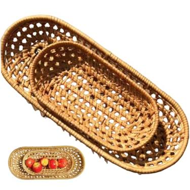 Imagem de Cesta de pão de vime, 2 cestas ovais de vime, design rústico longo e estreito para pão, baguetes, lanches, talheres e exibição de mesa