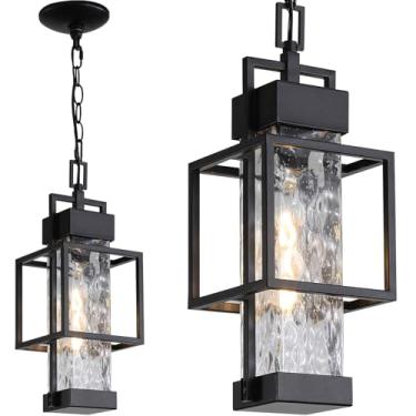 Imagem de SHIMR Luminária pendente externa para varanda com vidro de água, suporte de teto de lustre externo de 38 cm H com acabamento preto, luminária suspensa externa moderna para porta da frente da casa
