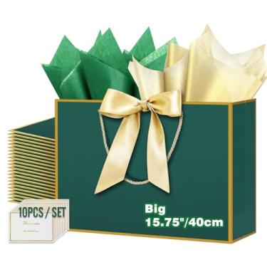 Imagem de HONTIUS Saco de presente extra grande de 15,75 polegadas, 10 peças verdes atacadistas presentes grandes sacos de presente de papel, fitas, cartões, 40 * 30 * 12,5 cm, presente de festa de aniversário