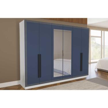 Imagem de Guarda Roupa 6 Portas (2 c/ Espelho) e 4 Gavetas Valência Branco/Azul - Politorno
