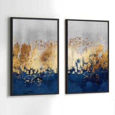 Imagem de Conjunto Quadros Decorativos com Moldura Abstrato Azul Dourado Cinza K