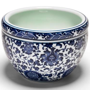 Imagem de Vasos de porcelana azul e branco de 16,5 cm com orifícios de drenagem e bandeja de drenagem, suporte de plantas, vaso para bonsai, cacto, flores, decoração de jardim vintage, decoração de casa