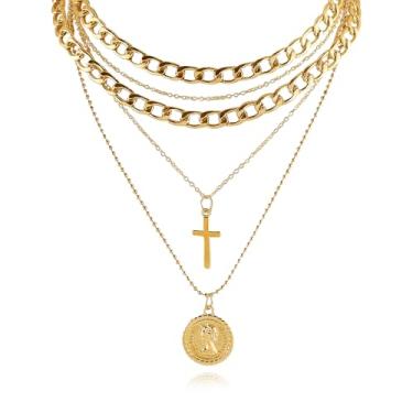 Imagem de Todenb Colar de pirata em camadas de ouro para mulheres, corrente grossa, joia de pirata, colar com pingente de moeda dos anos 80 e 90, acessórios de fantasia de pirata, Medium, Zinco, Sem Pedra