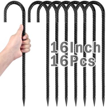 Imagem de Estacas de solo de 40,6 cm para serviço pesado, pacote com 16 estacas de metal para cercas de arame, estacas de barraca longas resistentes para trampolins, toldos de acampamento e conjunto de balanço