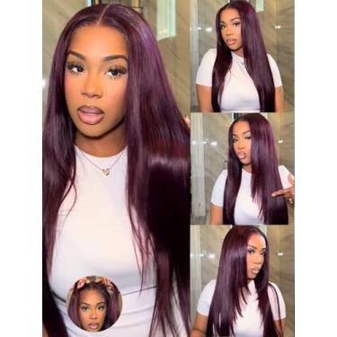 Imagem de KLAIYI Peruca reta de cereja preta em camadas, 33 x 10 cm, pré-cortada, cabelo humano, tchau, nós, sem cola, sem cola, peruca com cordão, pré arrancada, borgonha escura, vinho escuro, para iniciantes