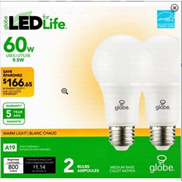 Imagem de Globe Lâmpadas LED - Pacote de 2 cada - Base média 60 Watt Substituição usando apenas 9,5 Watts Vida útil estimada 15.000 horas Brilho 800 lúmens Luz quente não regulável