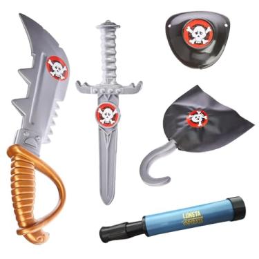 Imagem de Kit Pirata Infantil 5 Peças – Espada, Punhal, Gancho, Escudo e Luneta Brinquedo Fantasia