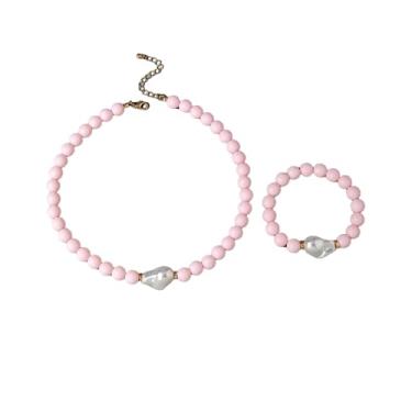 Imagem de HWJQ Colar de contas redondas coloridas conjunto de joias irregulares barrocas colar de pérolas gargantilha contas de acrílico pulseira elástica para mulheres, Middle, Acrílico, Sem Pedra Preciosa