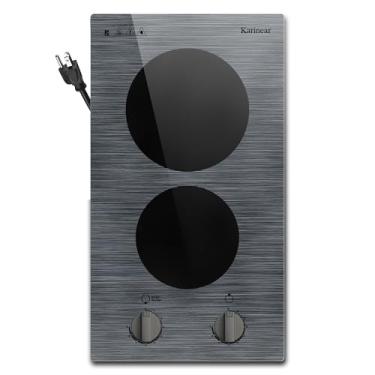 Imagem de Karinear Cooktop Elétrico De 2 Bocas, Controle De Botão De Fogão Elétrico De 110 V, Cooktop Elétrico De Cerâmica Embutido Na Bancada Com Linda Superfície De Vidro Com Padrão De Madeira, Tomada De 11