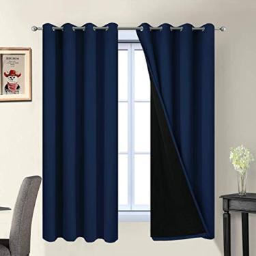 Imagem de Cortinas Yakamok 100% blackout, painéis de cortina térmica isolados à prova de som, cortinas com bloqueio de luz total com forro preto para quarto, Azul marinho, W52 x L63