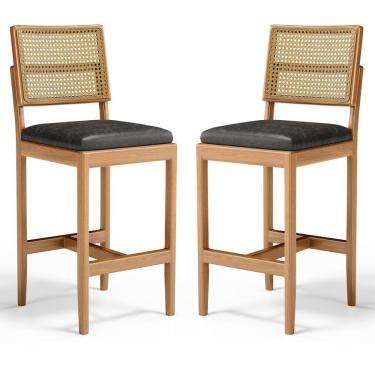 Imagem de Kit Com 2 Banqueta Milena Madeira Maciça Assento Estofado Encosto De Tela Palha Sextavada Courino Preto 503