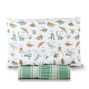 Imagem de Jogo De Cama Casa Scarpa Lençol Lutti Solteiro Infantil 200 Fios Estampado 3 Peças Dinossauro Verde