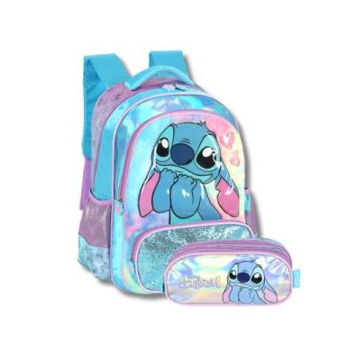 Imagem de Kit Mochila Costas E Estojo Triplo Stitch Escolar Meninas, Azul