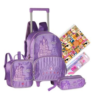 Imagem de Kit Mochila Escolar de Rodinhas Princesas Pisca Pisca Meninas Castelo 