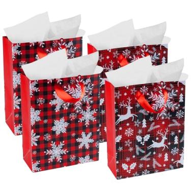 Imagem de RACHELLE'S Sacos de presente de Natal xadrez – Pequeno 22,8 x 17,8 x 7,6 cm (pacote com 4) - Sacos de presente de papel resistente com papel de seda, etiqueta e alça - Perfeito para presentes de Natal