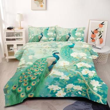 Imagem de CCoutueChen Conjunto de edredom Queen com pavão oriental, floral, pássaro verde, decoração de quarto asiático aconchegante para adultos/mulheres