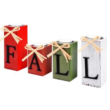 Imagem de Kedemas Pacote com 4 suportes de vela decorativos de outono, castiçais de madeira, placa de bloco vintage para decoração de casa de outono
