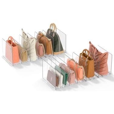 Imagem de GoMaihe Organizador de bolsa e bolsa para armário: 4 conjuntos de prateleiras de armazenamento transparentes ajustáveis - divisórias de embreagem de plástico | Mínimo | Mantenha as bolsas na vertical