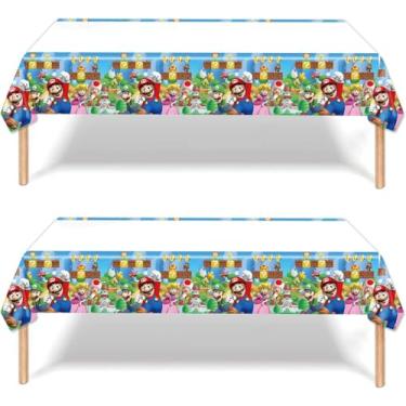 Imagem de Pacote com 2 toalhas de mesa Mario descartáveis, artigos de festa de aniversário e decorações para crianças, meninos, chás de bebê, mesas retangulares 187 x 106 cm