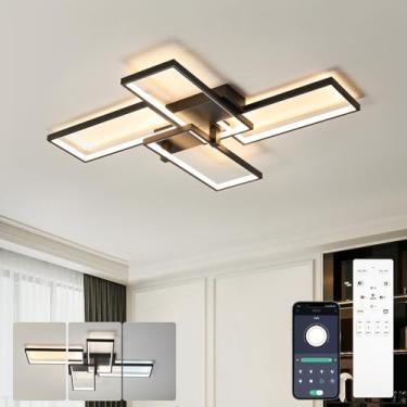 Imagem de Luminária de teto LED moderna com função de memória e dimerizável, 35,4 pol., lustre para sala de estar, quarto, sala de estar, 74 W, 3000 K, 6000 K, 5920 lm, preta