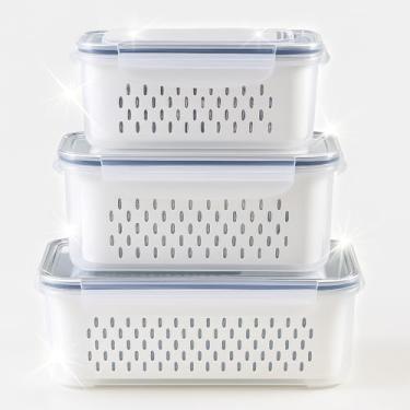 Imagem de Kit 3 Potes Herméticos Organizadores de Geladeira com Escorredor Removível – 850ml, 1750ml e 3300ml - Plástico Transparente com Vedação em Silicone