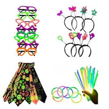 Imagem de Kit 130 Peças Festa Neon com Pulseiras, Óculos, Tiaras e Gravatas | Balada, Casamento e Aniversário
