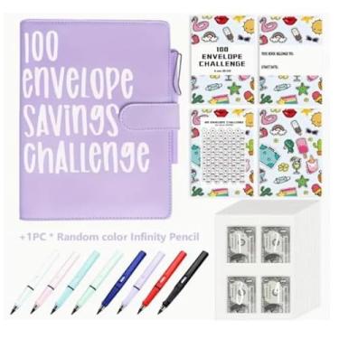 Imagem de Conjunto de livros e canetas - 100 Envelope Savings Challenge Book+Infinite Writing Pencil Set, 100 Days Money Saving Livro de folhas soltas Desafio de moedas Envelope Livro de armazenamento econômico
