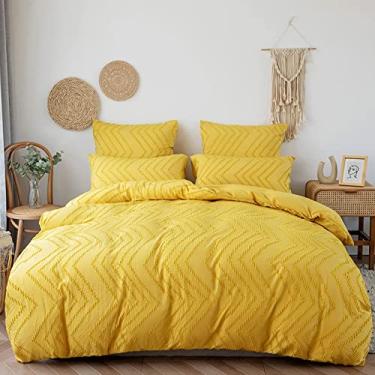 Imagem de Capa de edredom ondulada de cor sólida, capa de edredom ultramacia respirável com zíper oculto, capa de edredom texturizada boho - branco Queen: 228 x 228 cm (90 x 90 polegadas) (amarelo super king