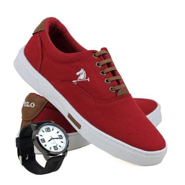 Imagem de Kit Sapatênis Casual Masculino Polo Joy Sport + Relógio, 46, Vermelho